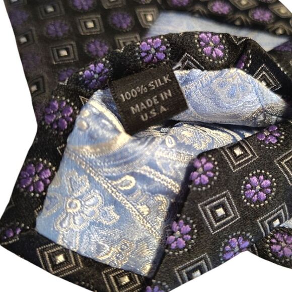 John W Nordstrom Black Purple Printed Men's Designer Silk Neck Tie - Picture 10 of 11